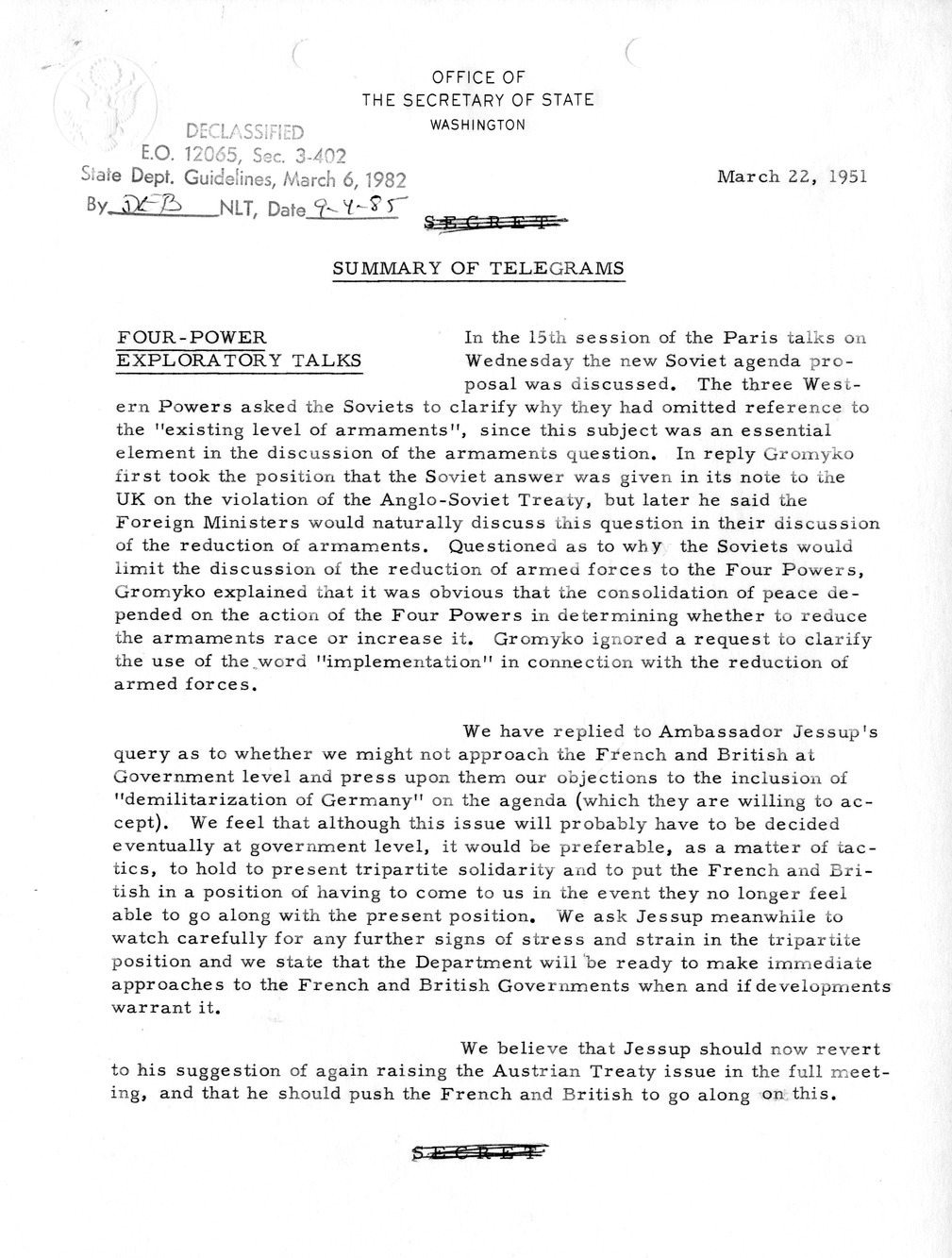 Memorandum, State Department Summary of Telegrams