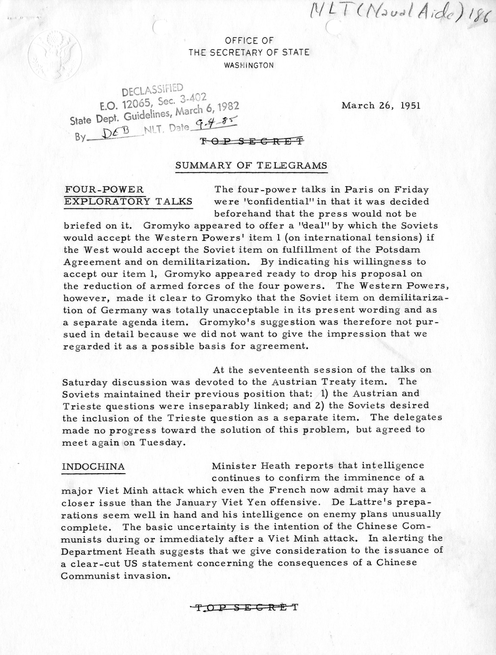 Memorandum, State Department Summary of Telegrams