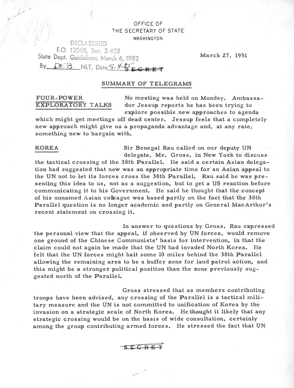 Memorandum, State Department Summary of Telegrams