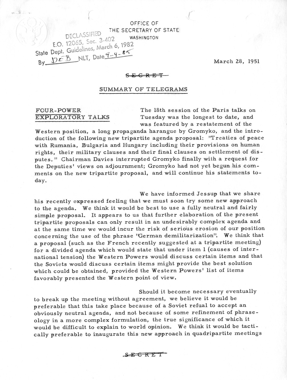 Memorandum, State Department Summary of Telegrams