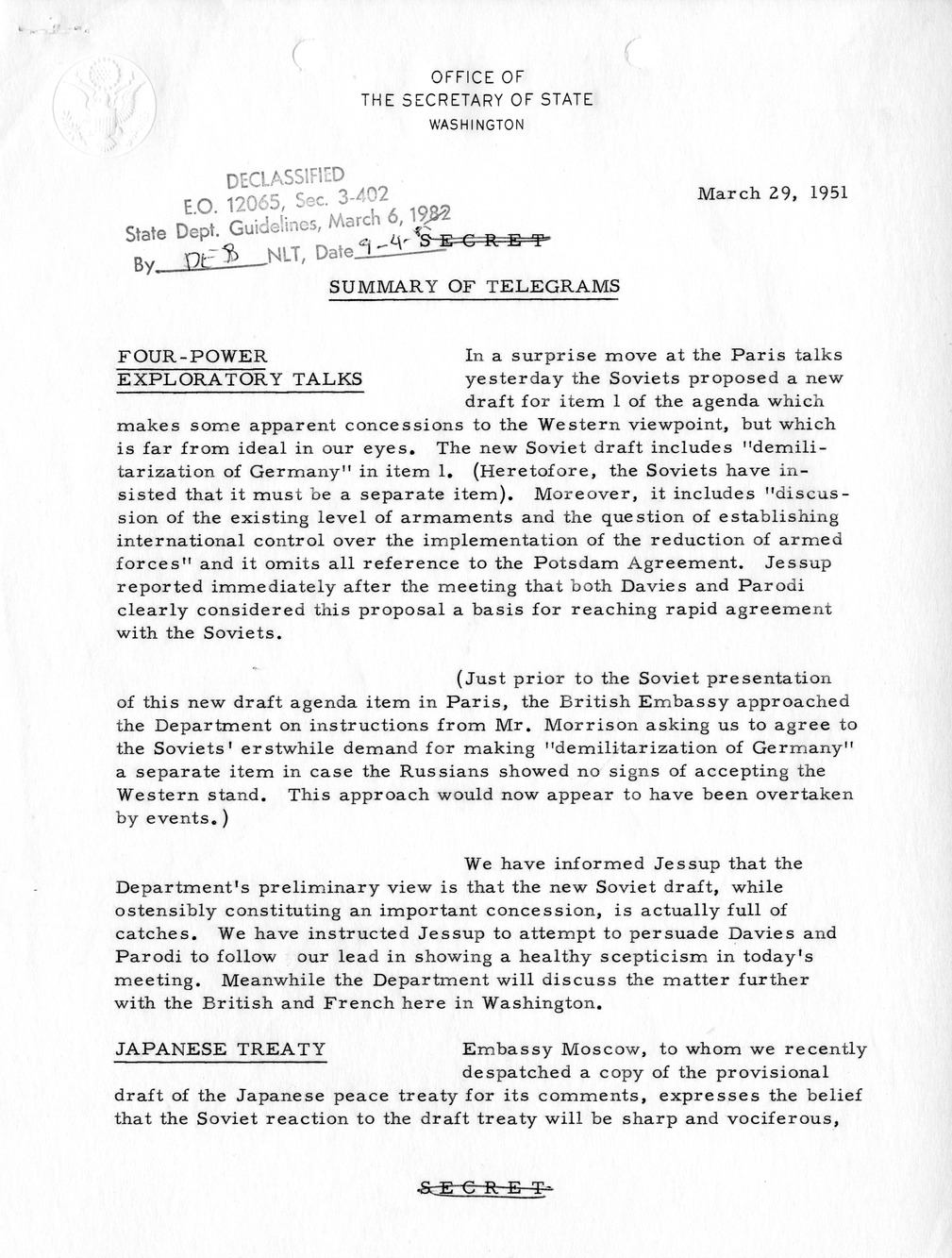 Memorandum, State Department Summary of Telegrams