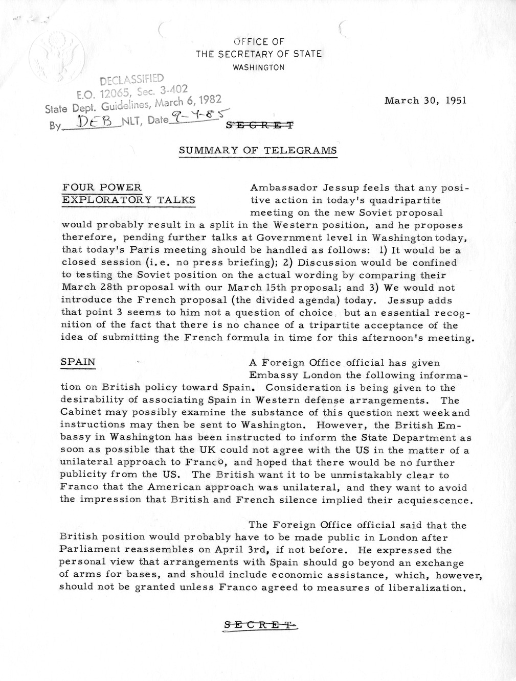 Memorandum, State Department Summary of Telegrams