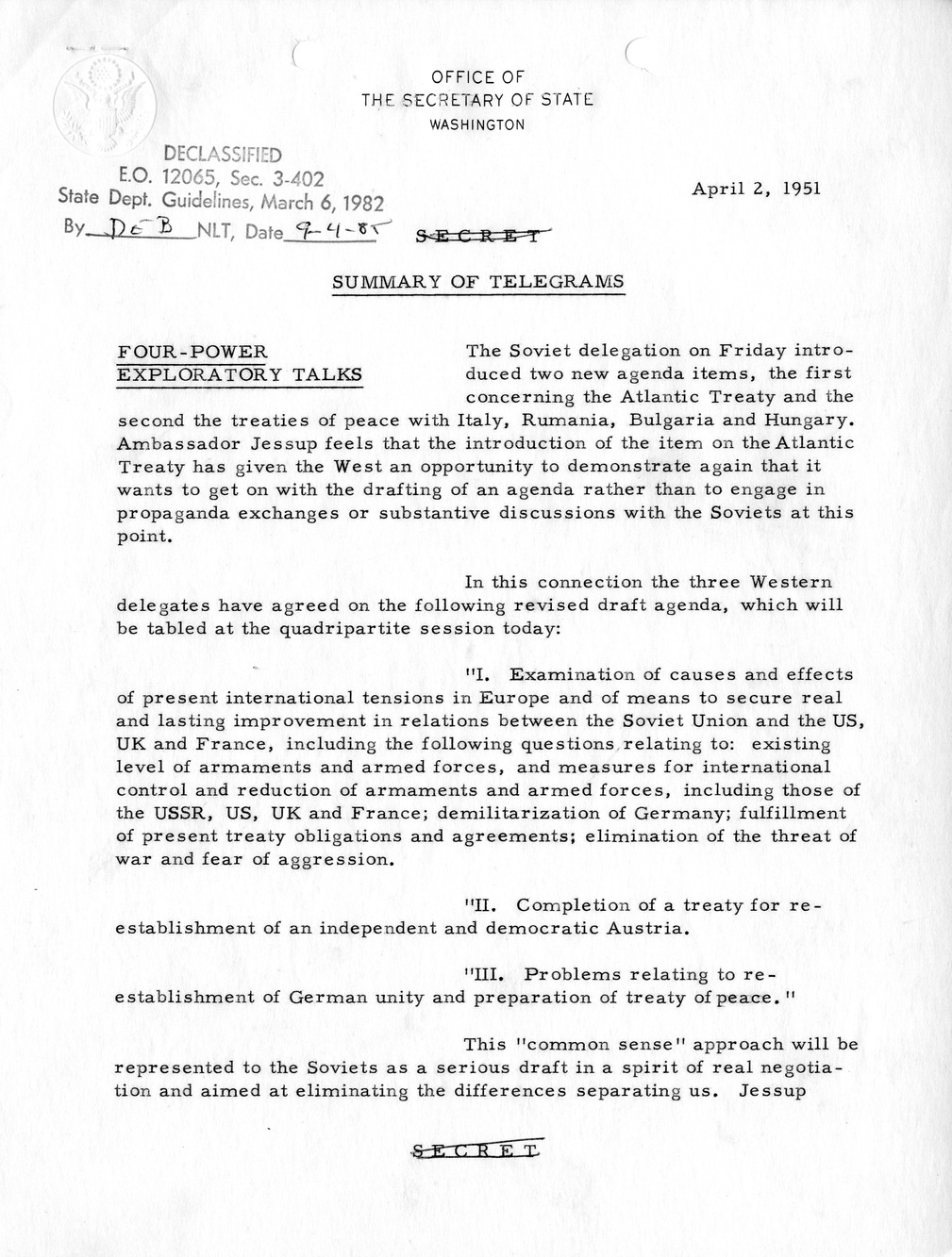 Memorandum, State Department Summary of Telegrams