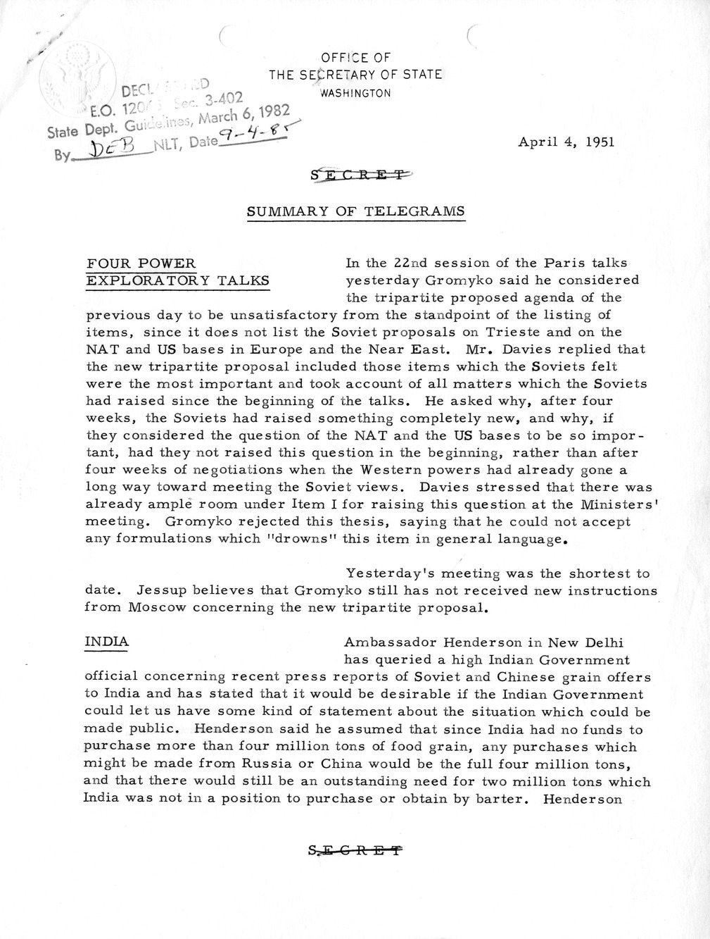 Memorandum, State Department Summary of Telegrams