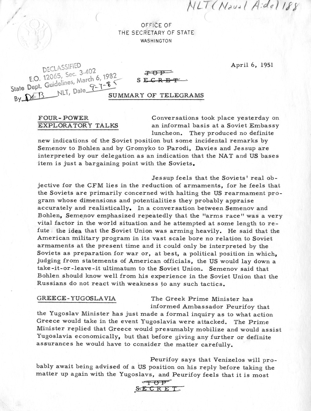 Memorandum, State Department Summary of Telegrams