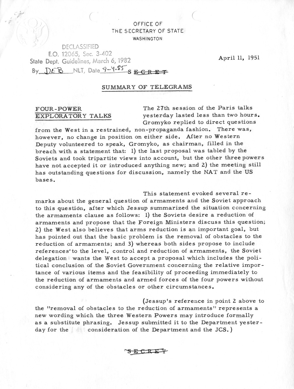 Memorandum, State Department Summary of Telegrams