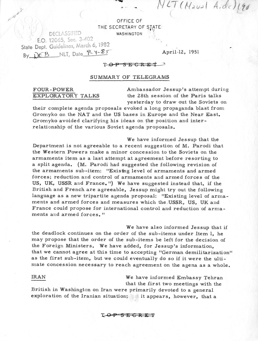 Memorandum, State Department Summary of Telegrams