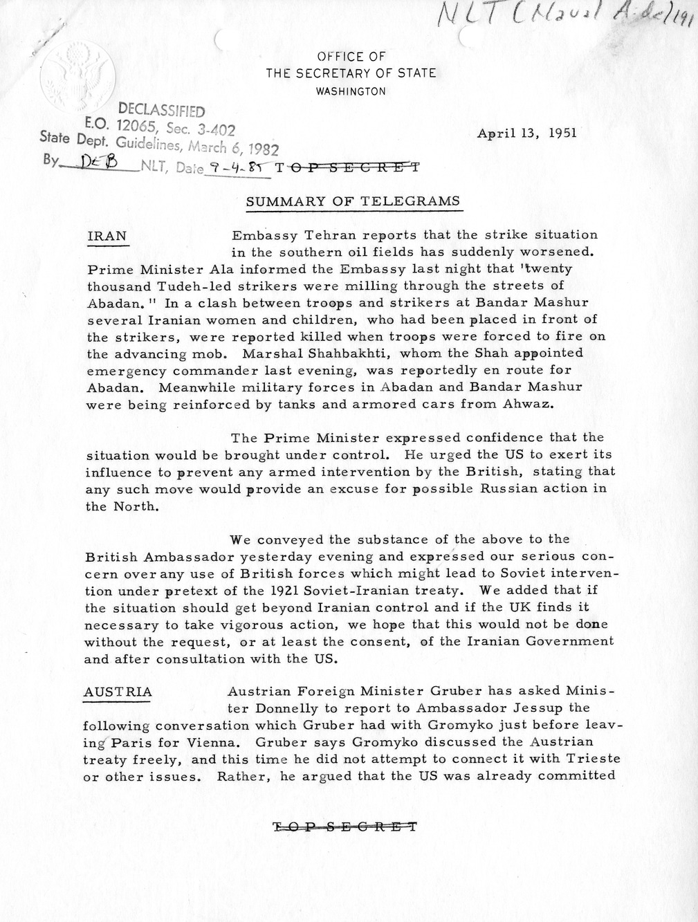 Memorandum, State Department Summary of Telegrams