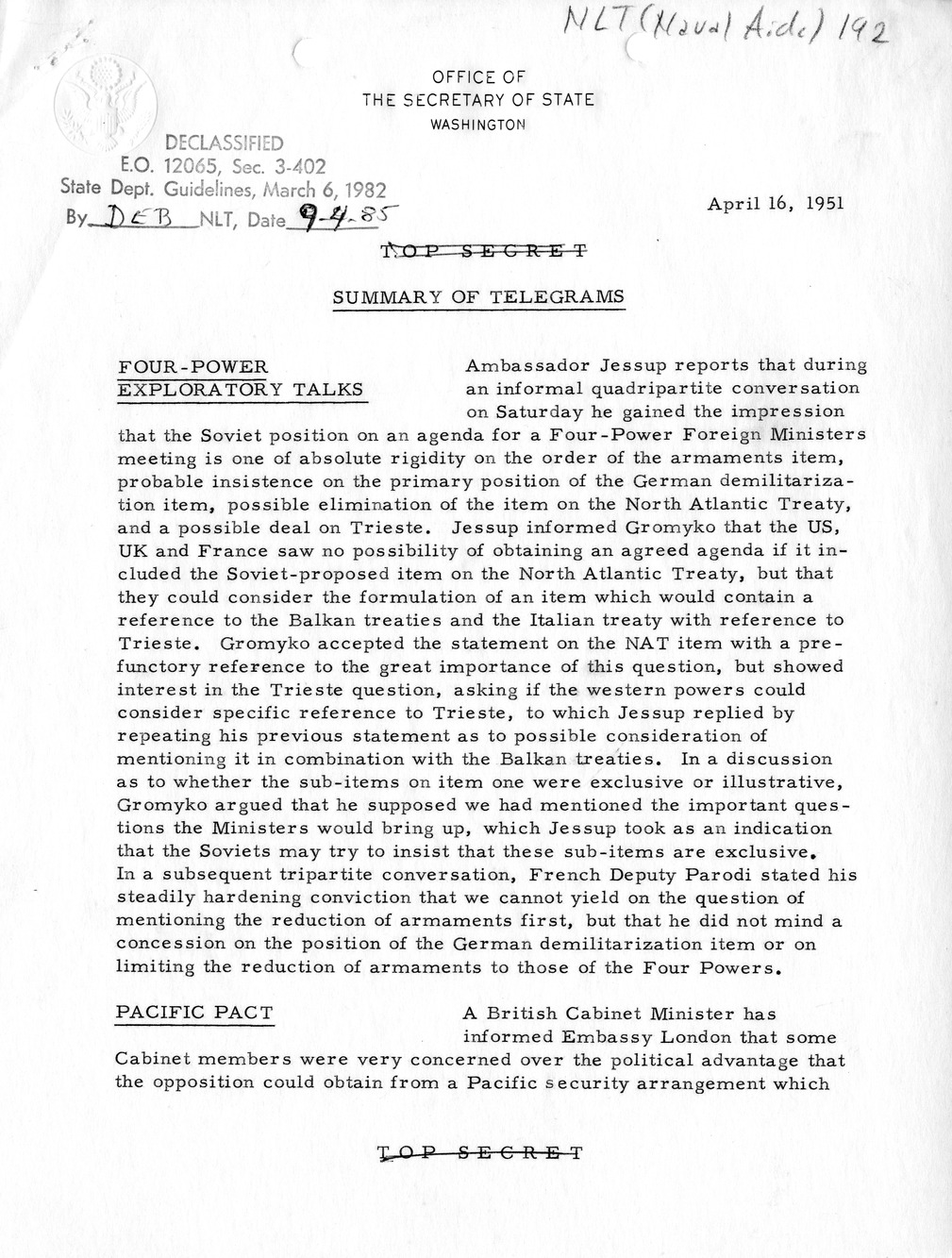 Memorandum, State Department Summary of Telegrams