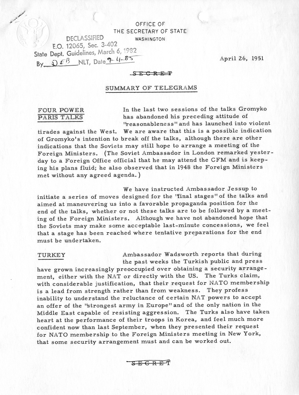 Memorandum, State Department Summary of Telegrams