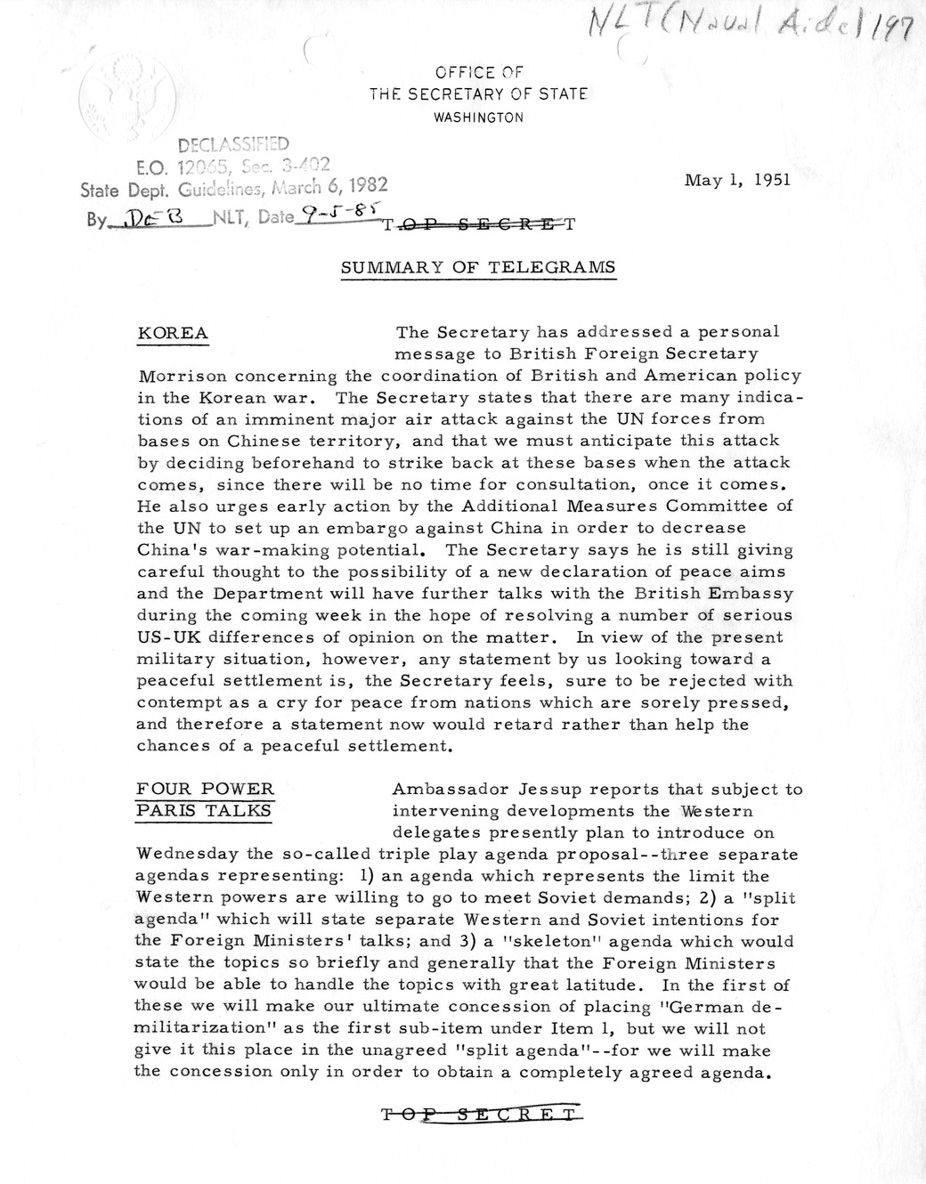 Memorandum, State Department Summary of Telegrams