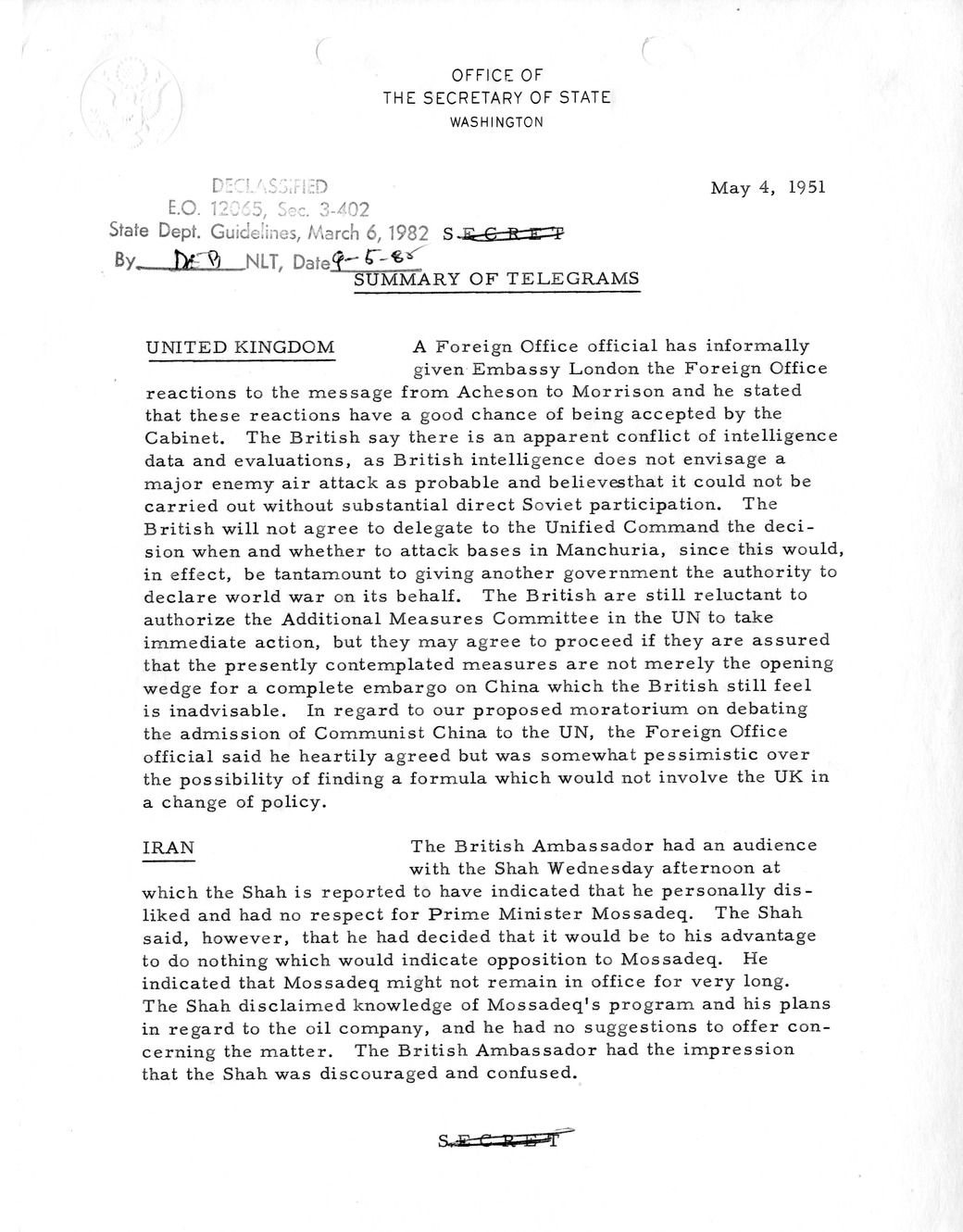 Memorandum, State Department Summary of Telegrams