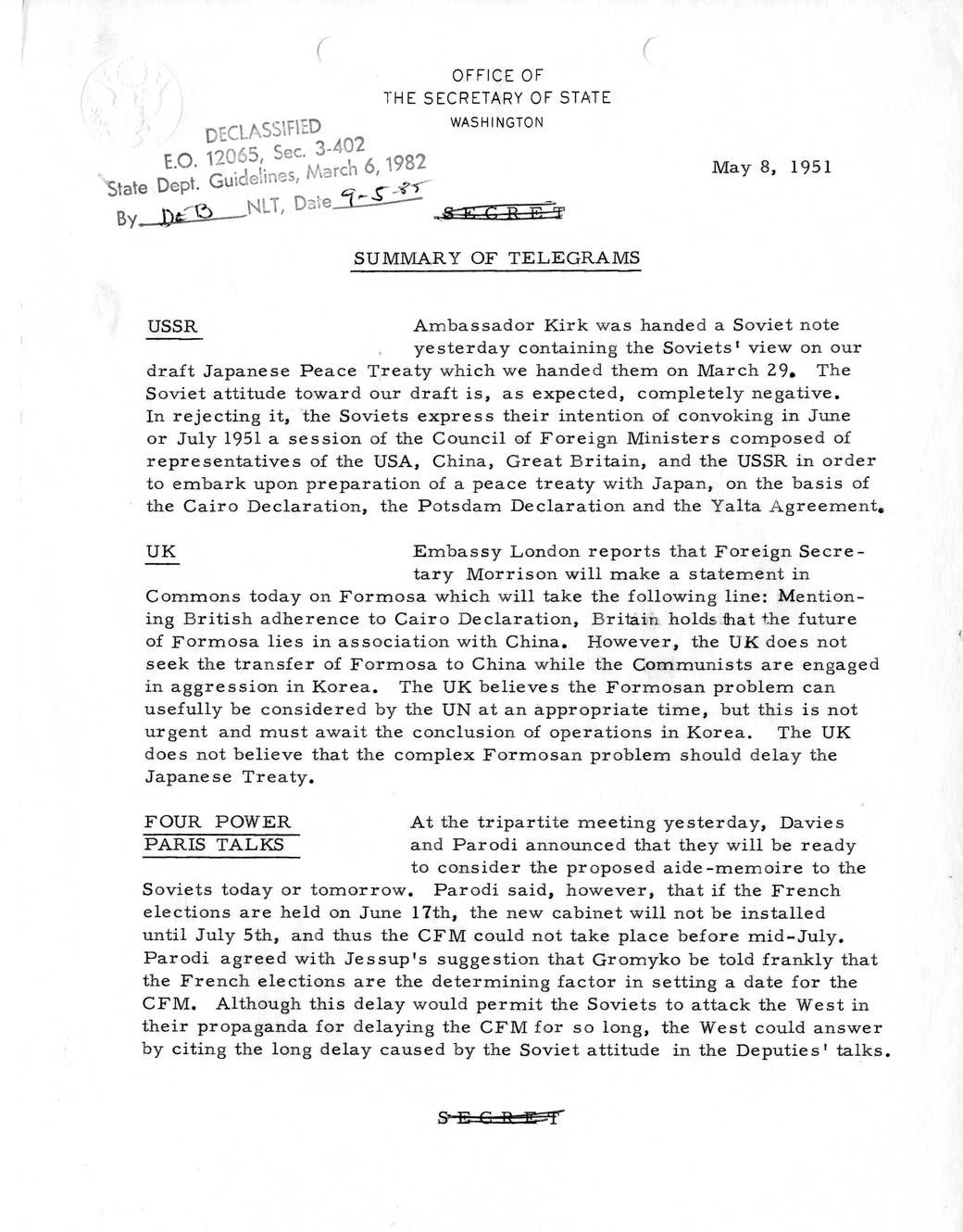 Memorandum, State Department Summary of Telegrams