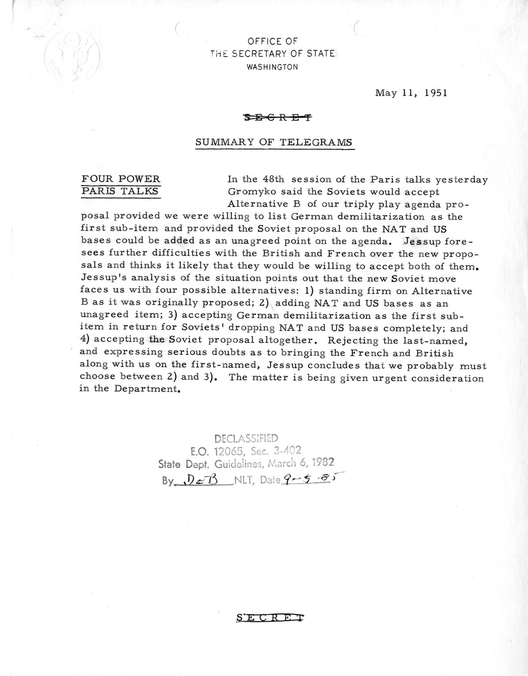 Memorandum, State Department Summary of Telegrams