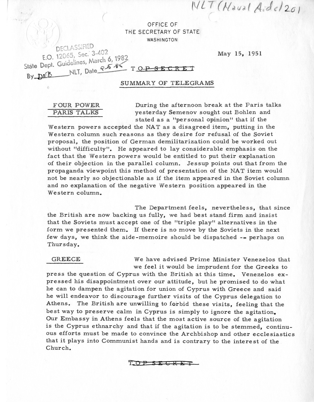 Memorandum, State Department Summary of Telegrams