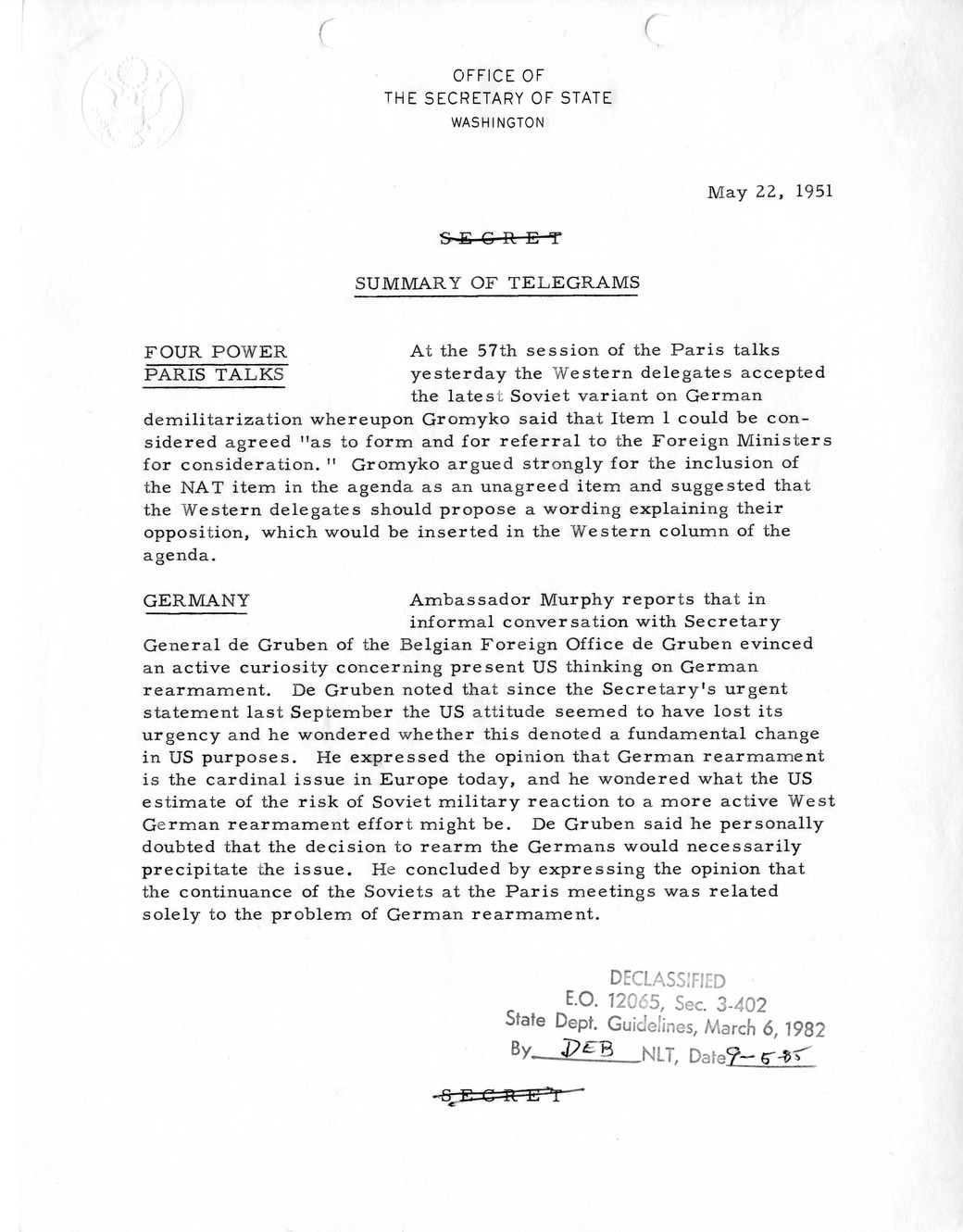 Memorandum, State Department Summary of Telegrams