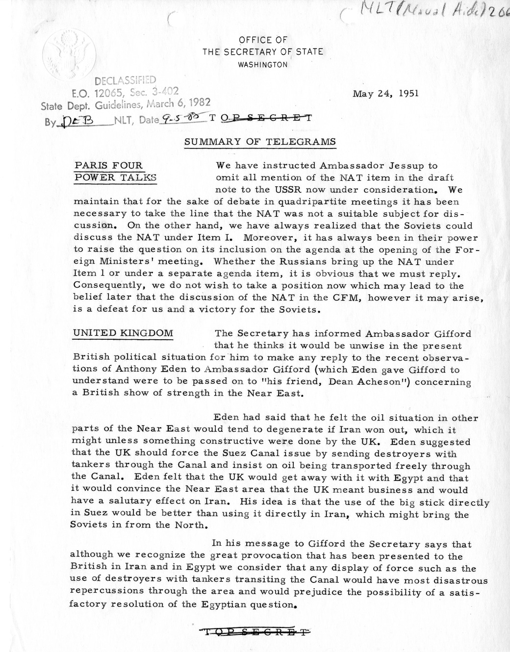 Memorandum, State Department Summary of Telegrams