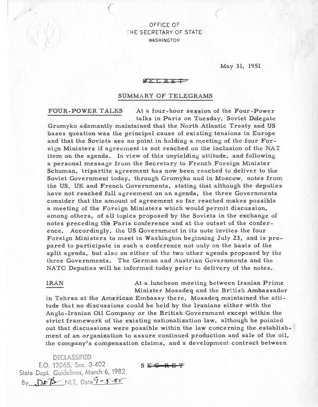 Memorandum, State Department Summary of Telegrams