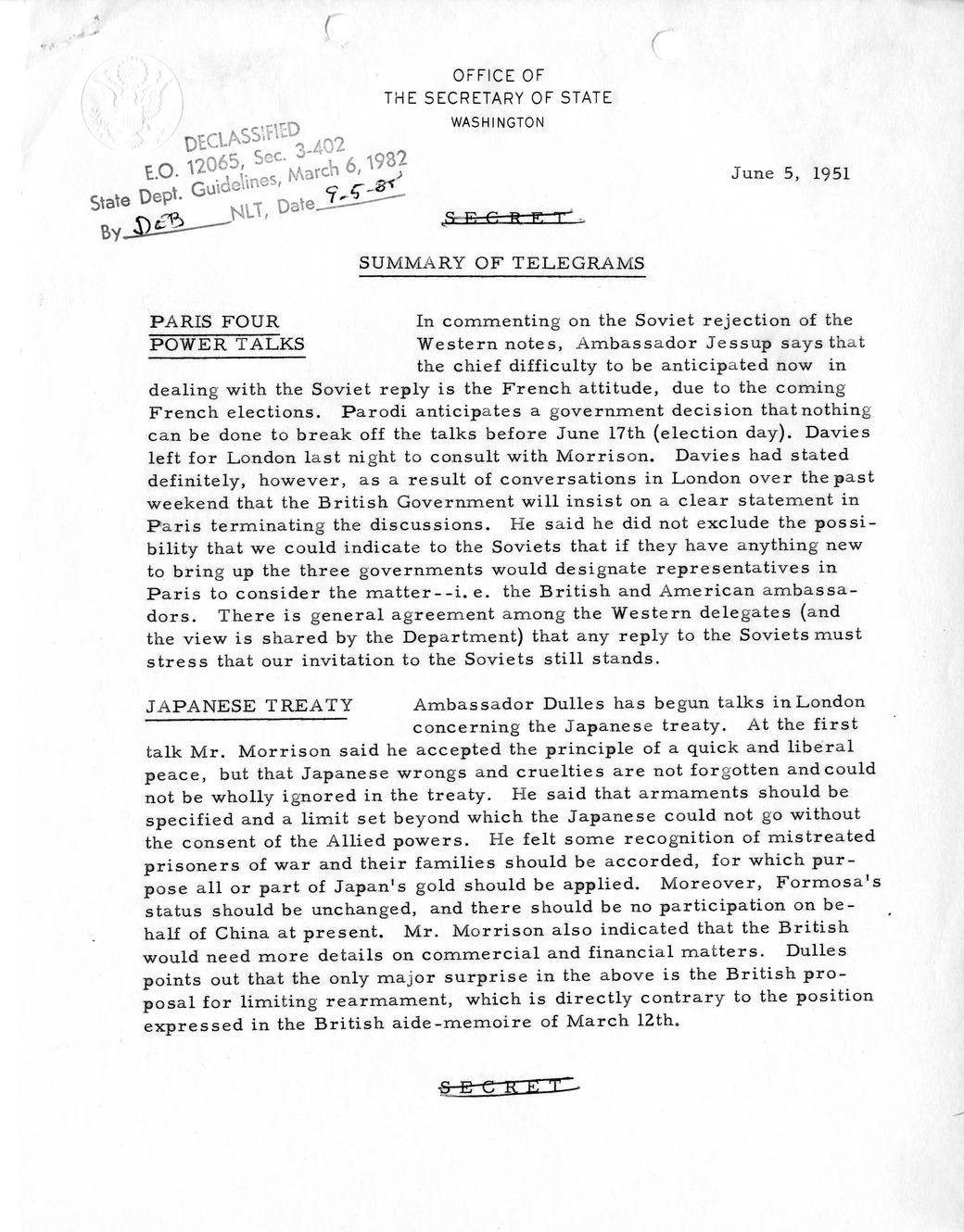 Memorandum, State Department Summary of Telegrams