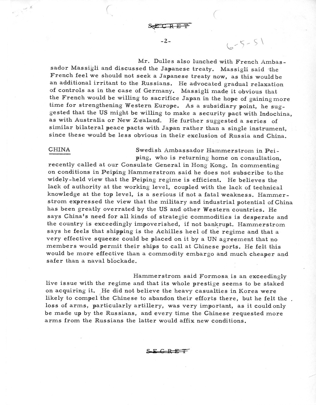 Memorandum, State Department Summary of Telegrams