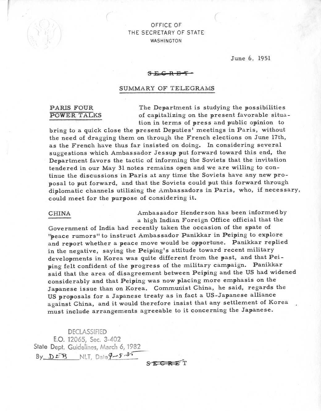 Memorandum, State Department Summary of Telegrams