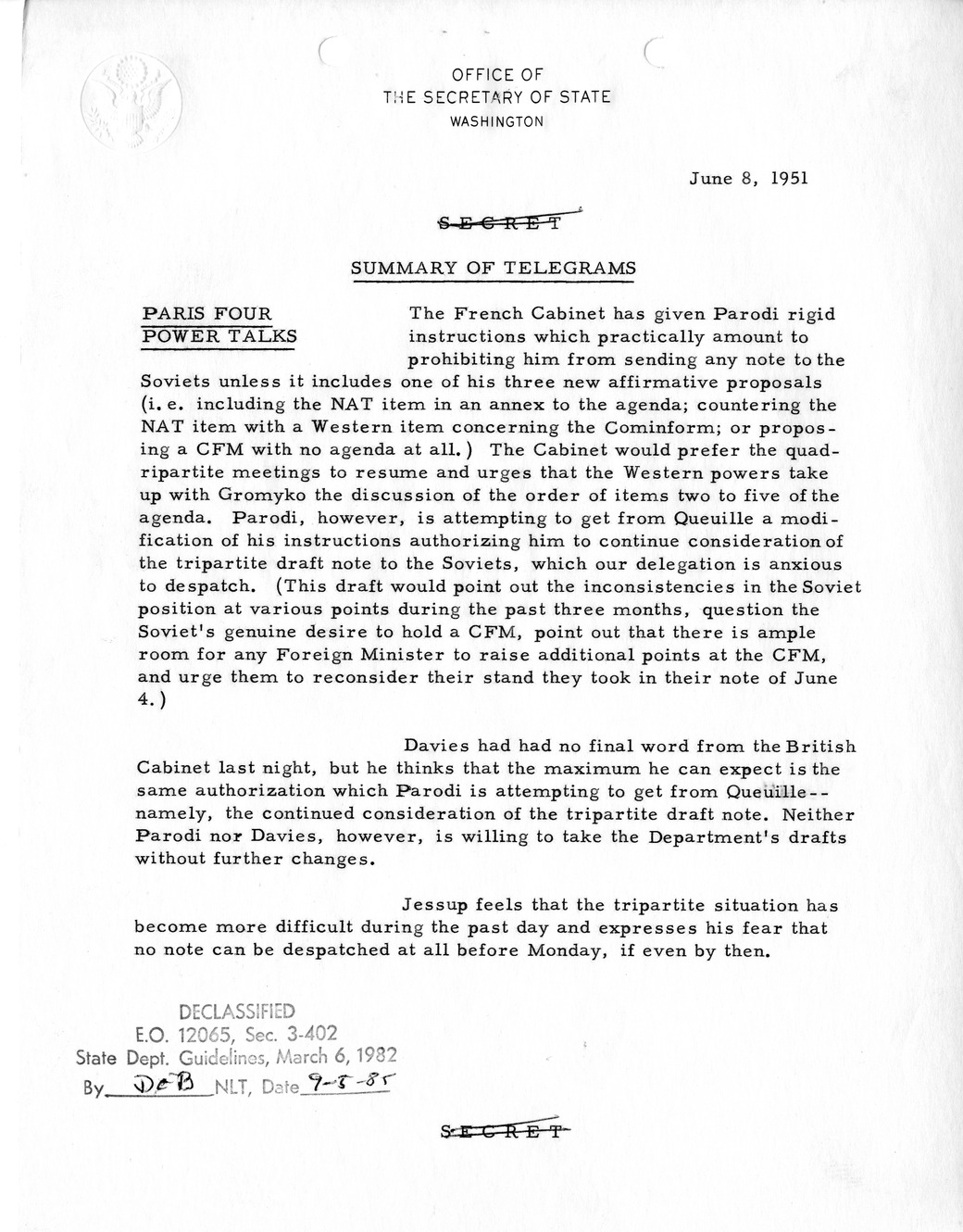 Memorandum, State Department Summary of Telegrams