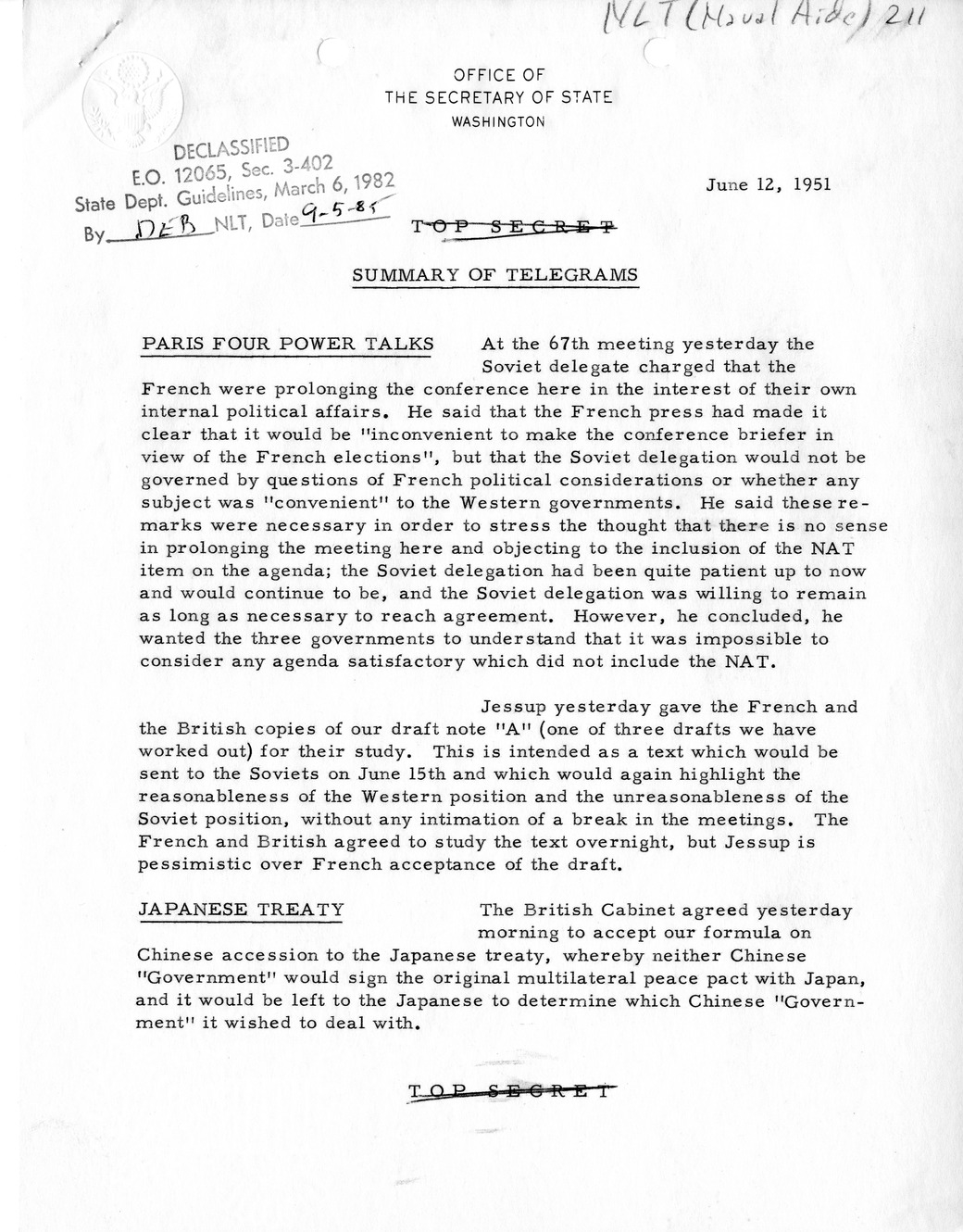 Memorandum, State Department Summary of Telegrams