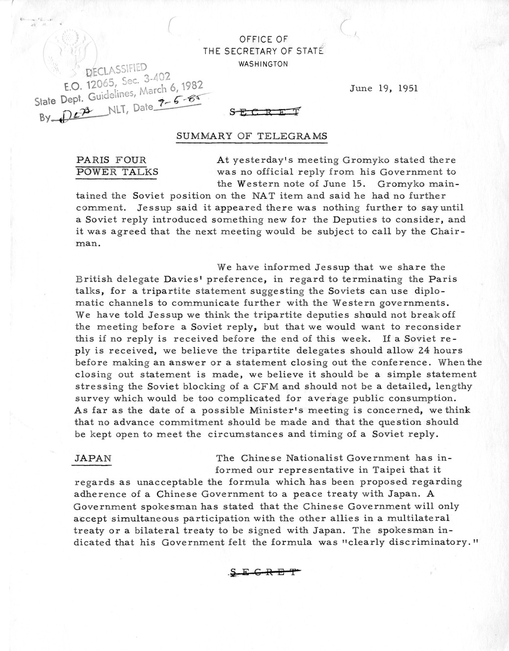 Memorandum, State Department Summary of Telegrams