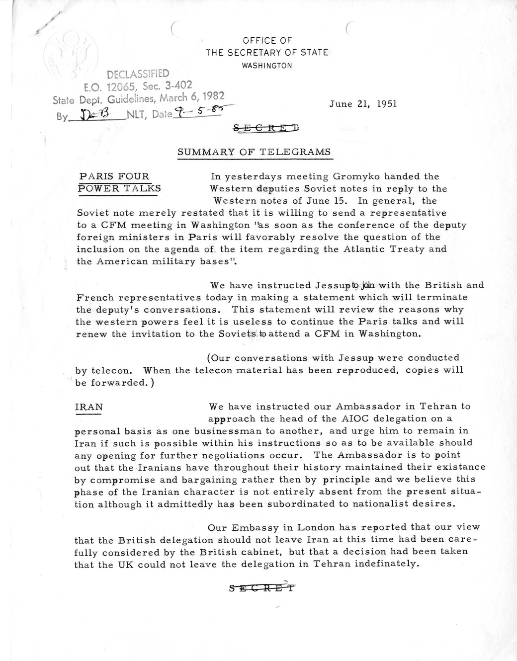 Memorandum, State Department Summary of Telegrams