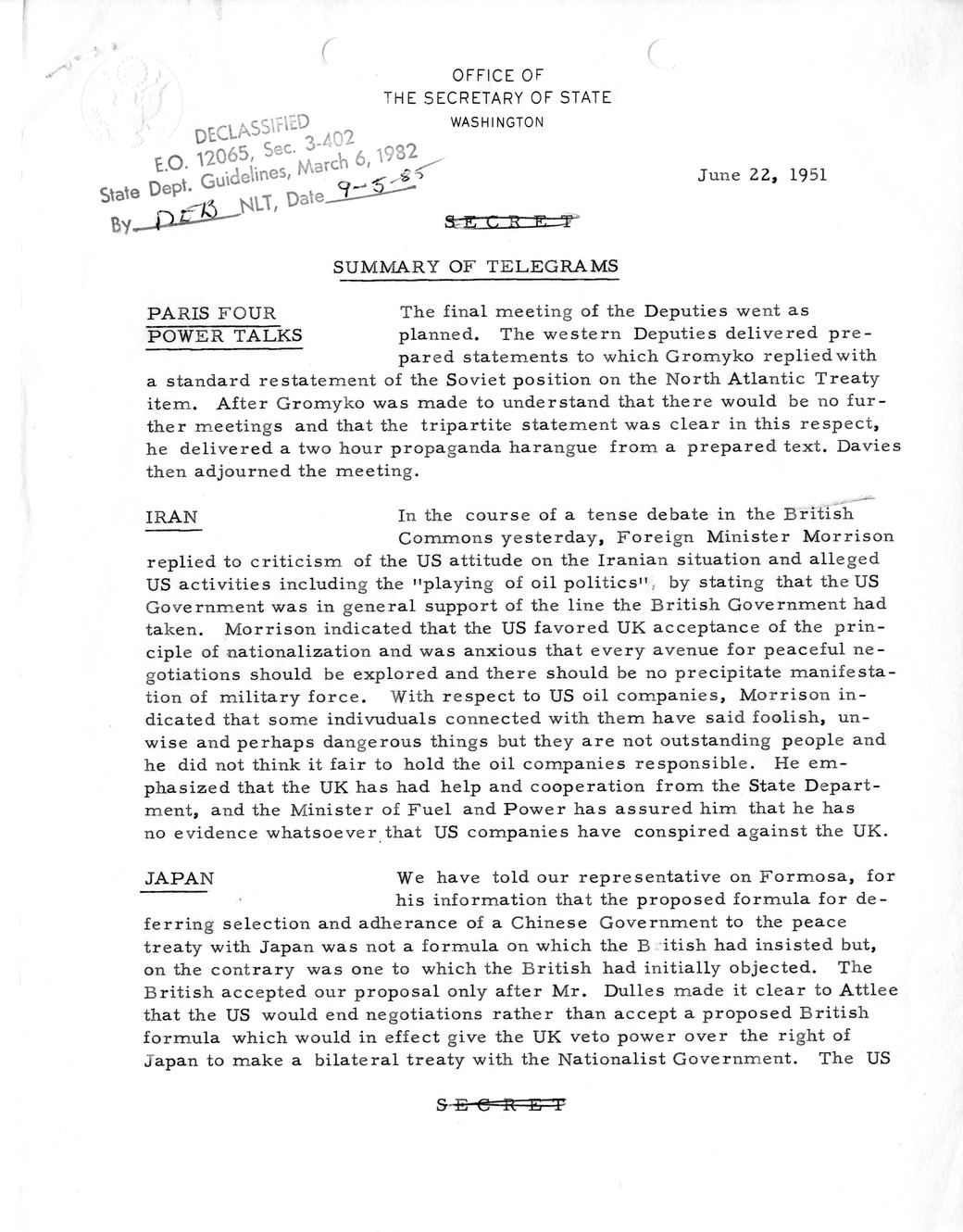 Memorandum, State Department Summary of Telegrams