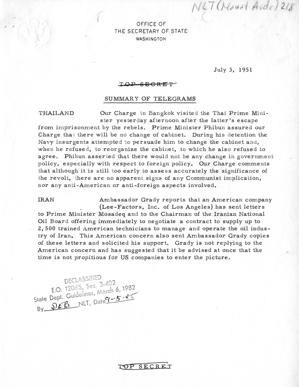 Memorandum, State Department Summary of Telegrams