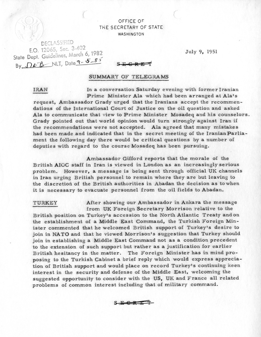 Memorandum, State Department Summary of Telegrams