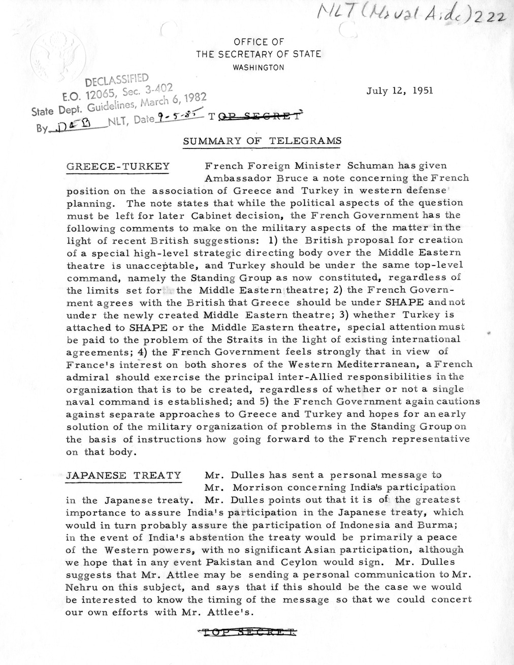 Memorandum, State Department Summary of Telegrams