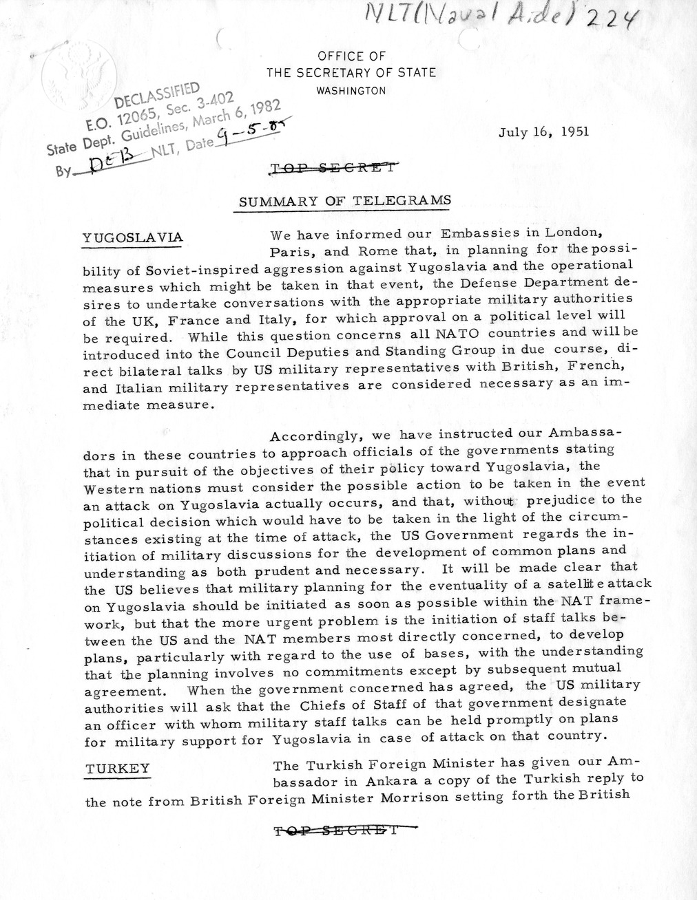 Memorandum, State Department Summary of Telegrams