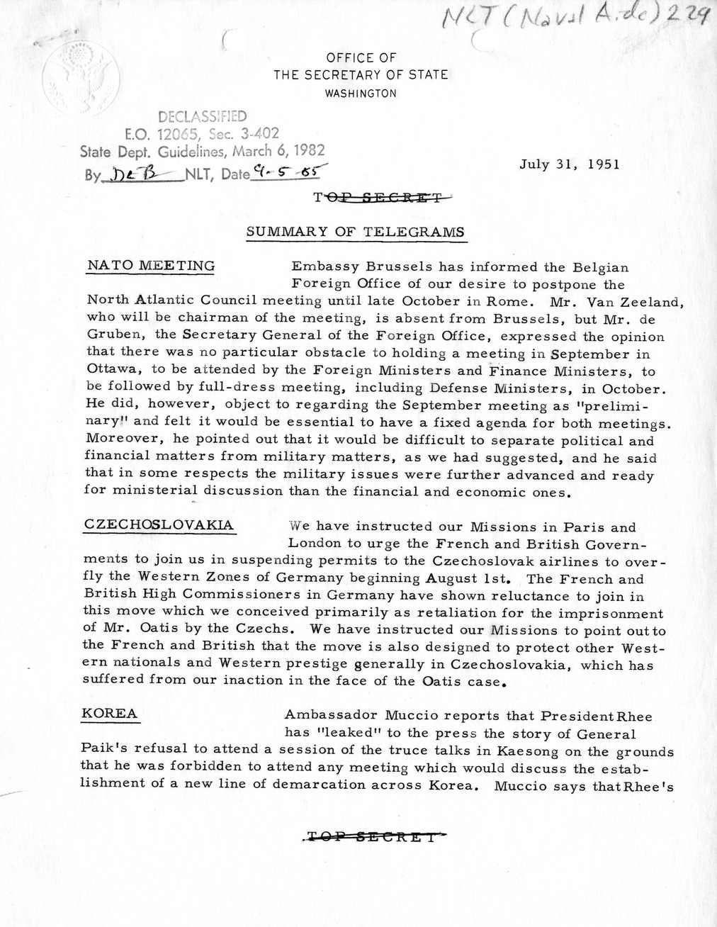 Memorandum, State Department Summary of Telegrams