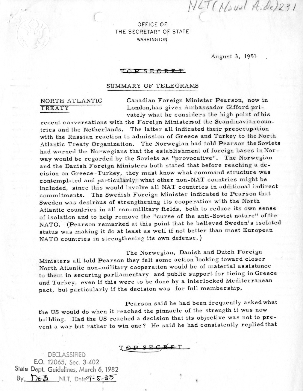 Memorandum, State Department Summary of Telegrams