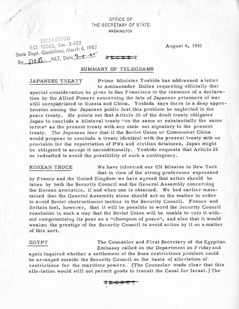 Memorandum, State Department Summary of Telegrams