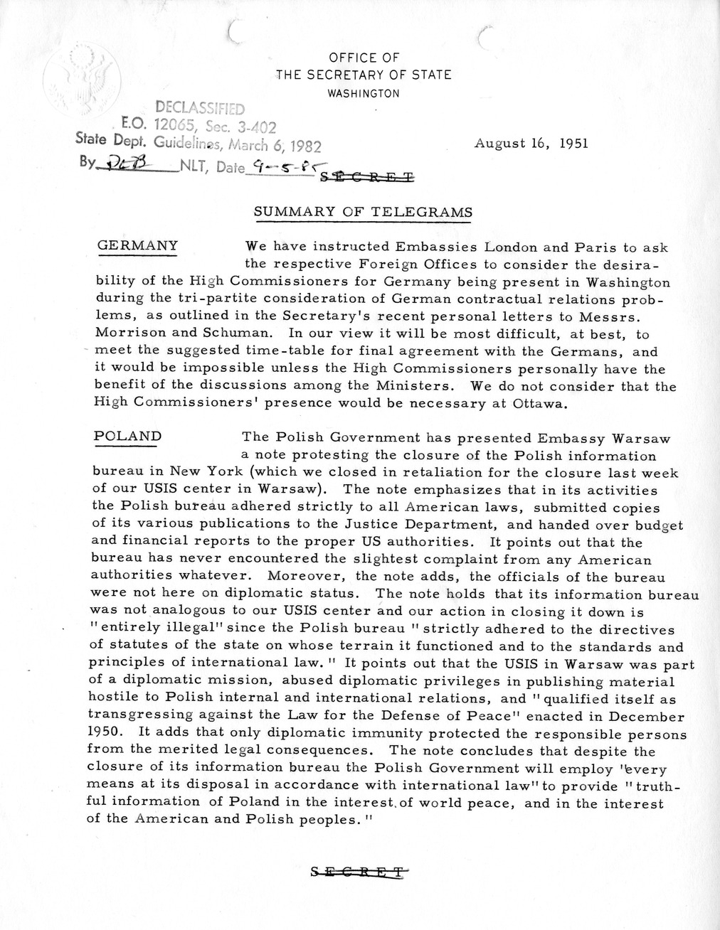 Memorandum, State Department Summary of Telegrams