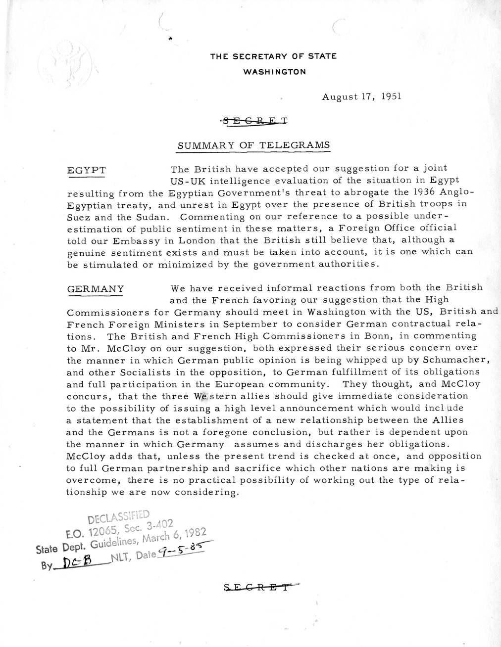 Memorandum, State Department Summary of Telegrams