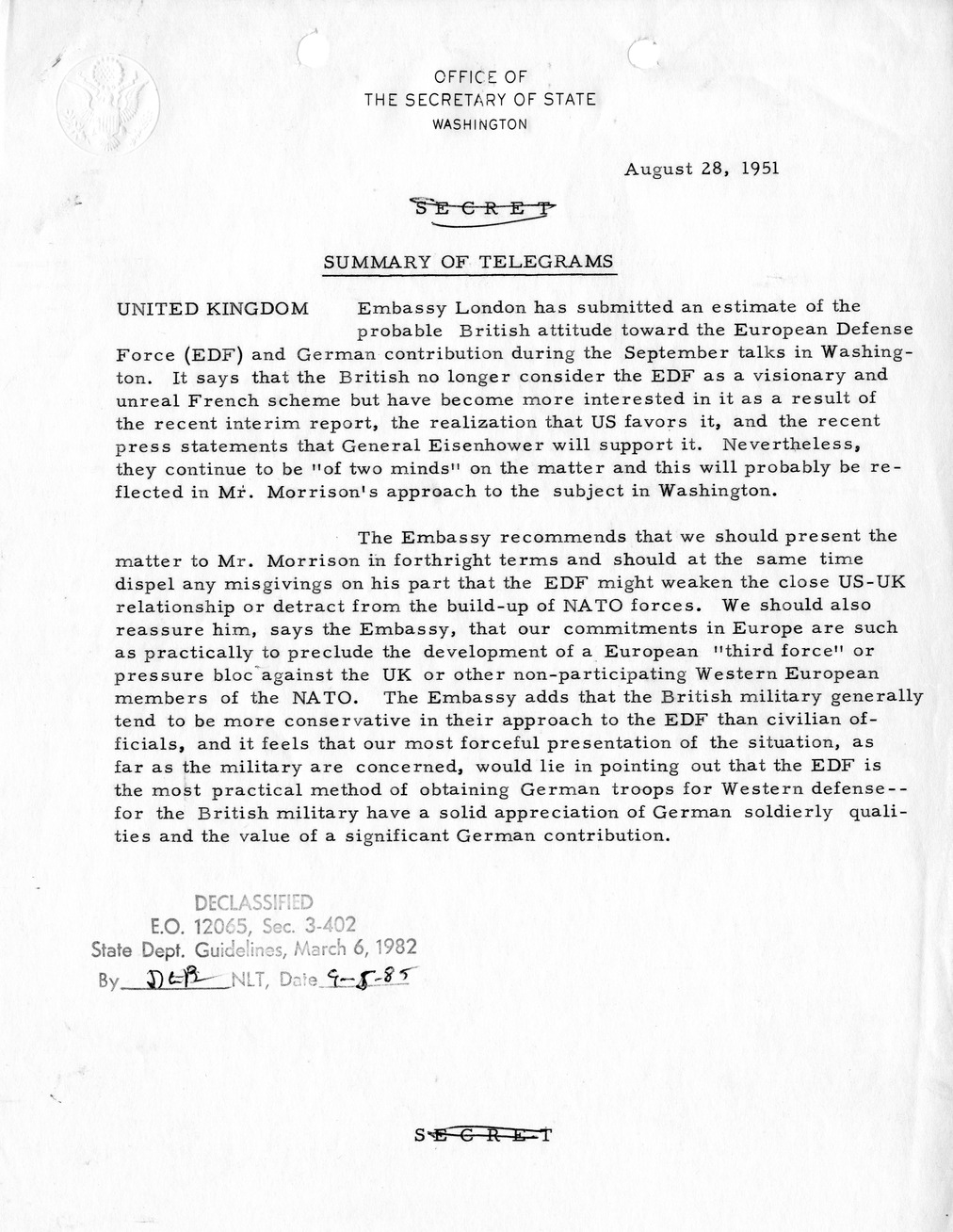 Memorandum, State Department Summary of Telegrams