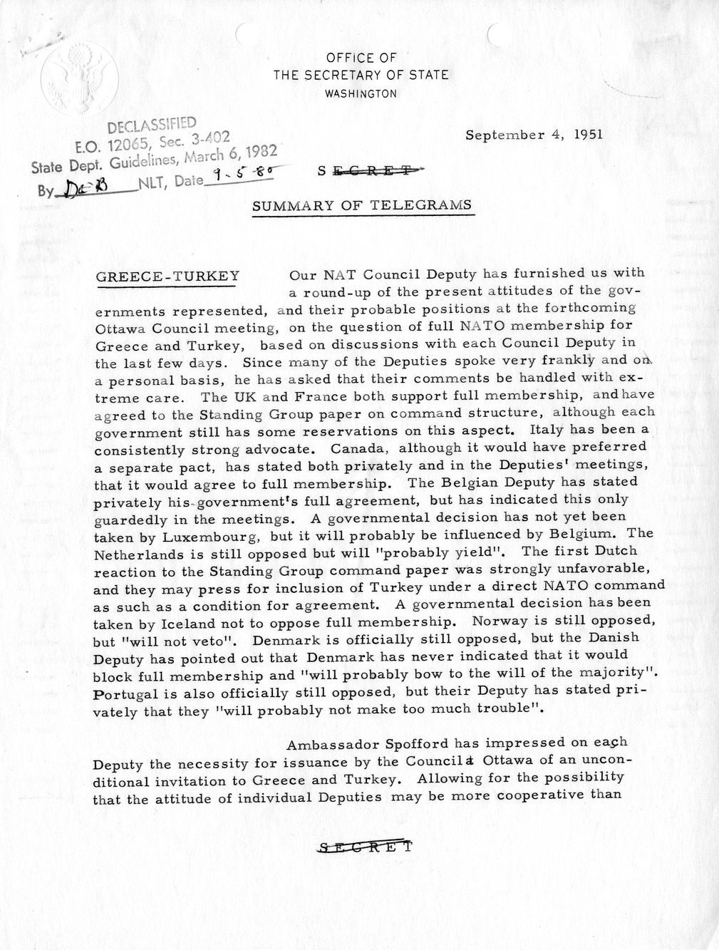 Memorandum, State Department Summary of Telegrams