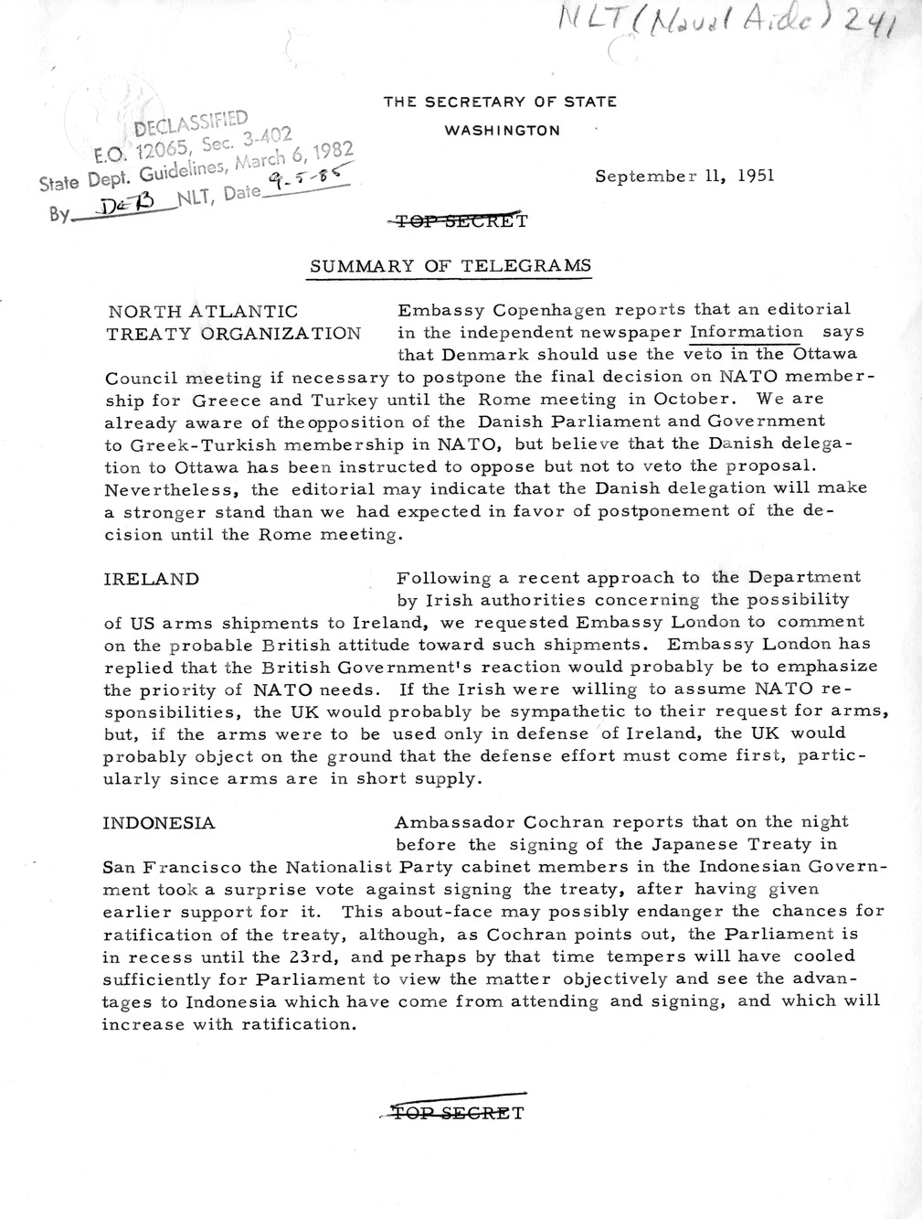 Memorandum, State Department Summary of Telegrams