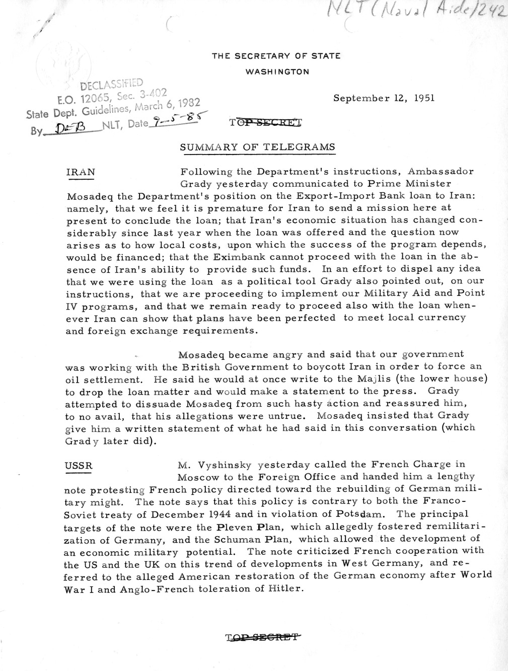 Memorandum, State Department Summary of Telegrams