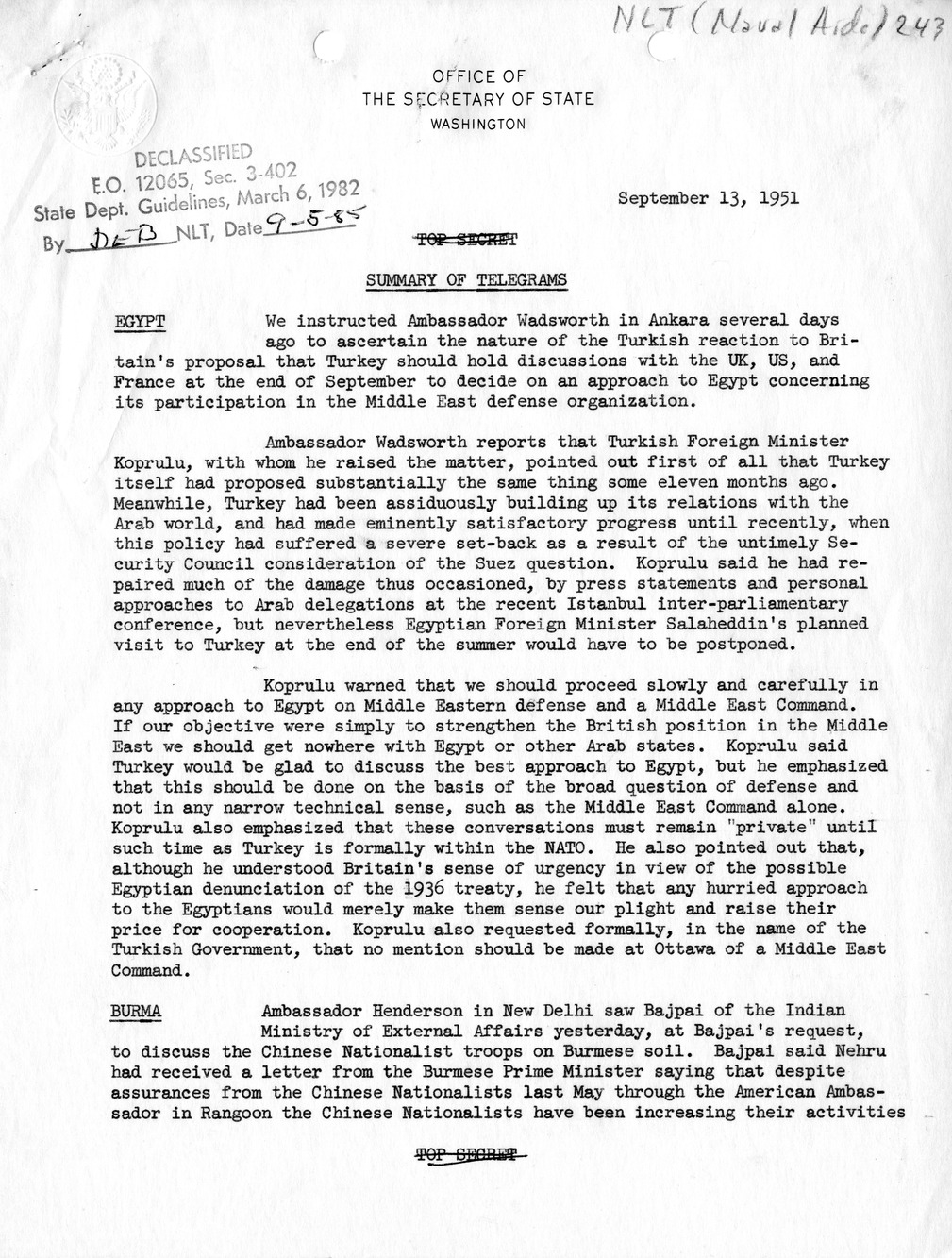 Memorandum, State Department Summary of Telegrams