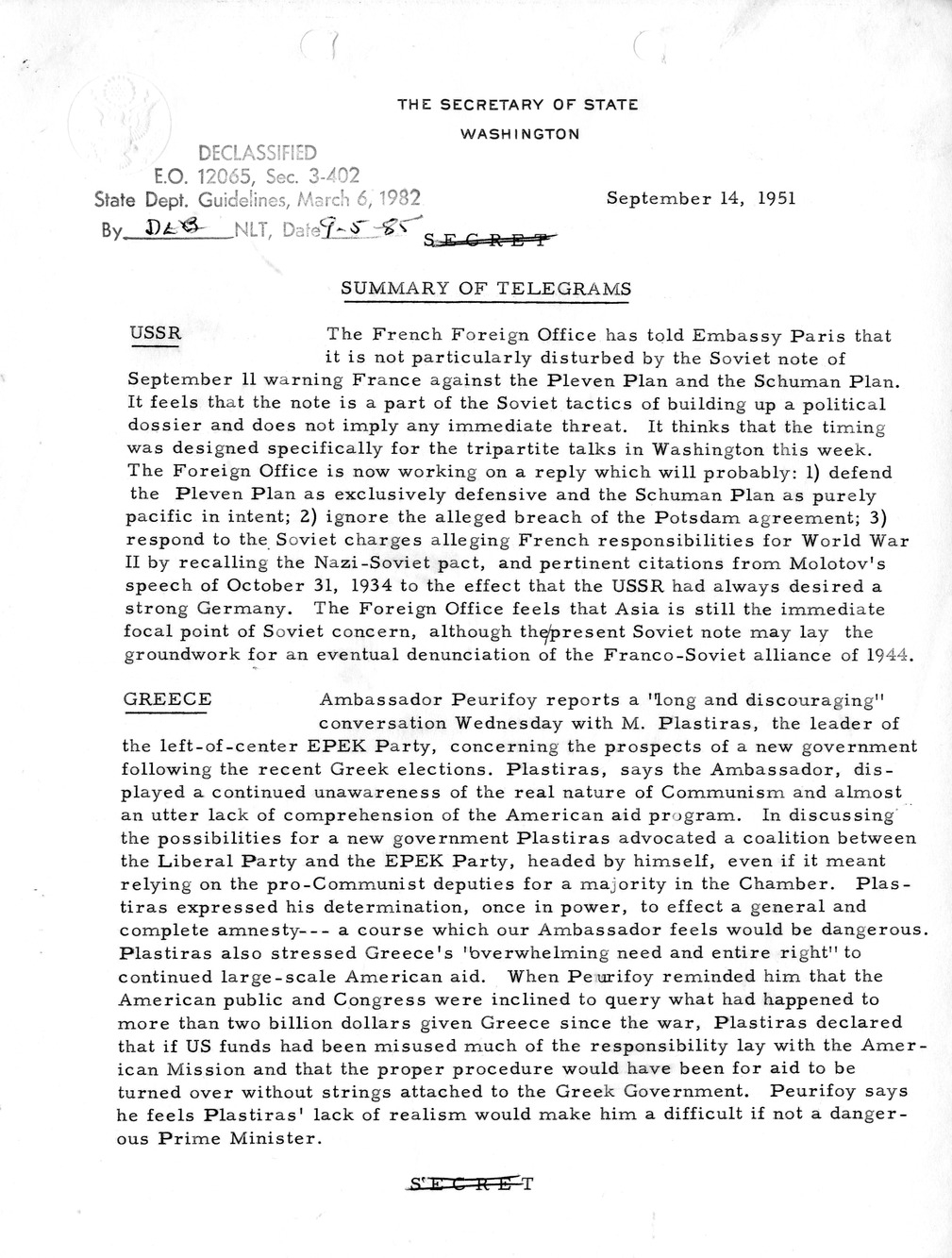 Memorandum, State Department Summary of Telegrams