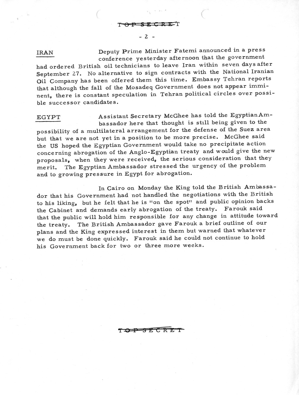 Memorandum, State Department Summary of Telegrams