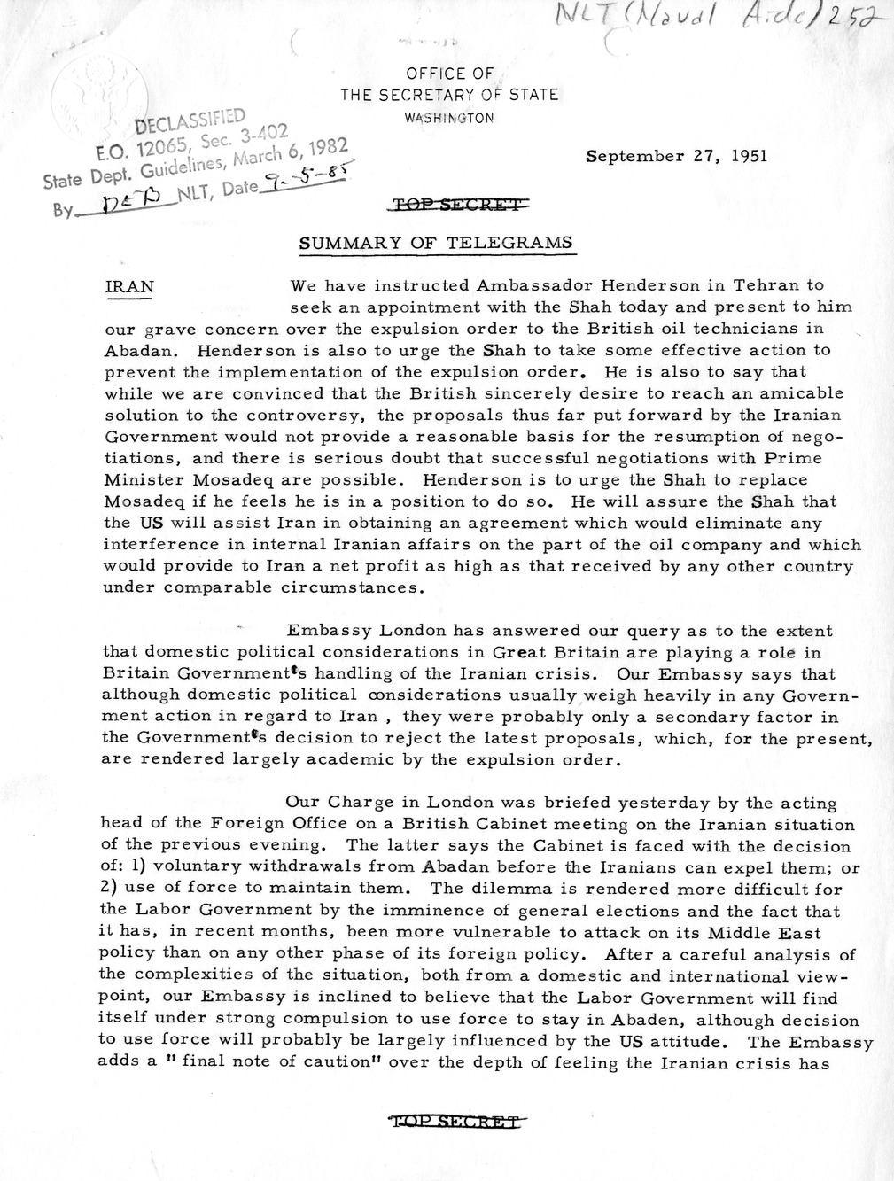 Memorandum, State Department Summary of Telegrams