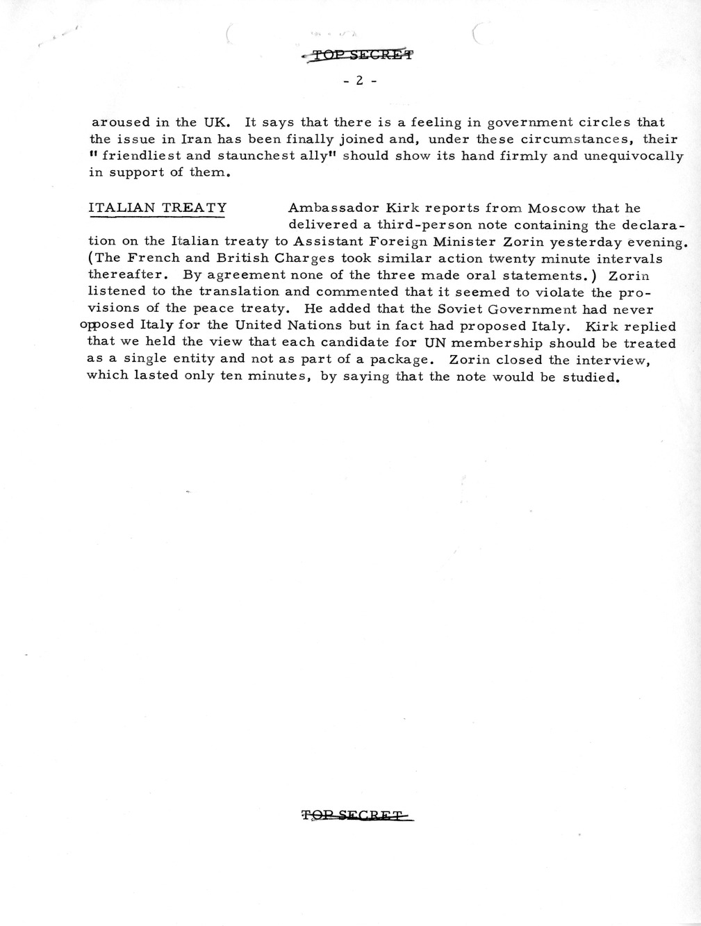 Memorandum, State Department Summary of Telegrams