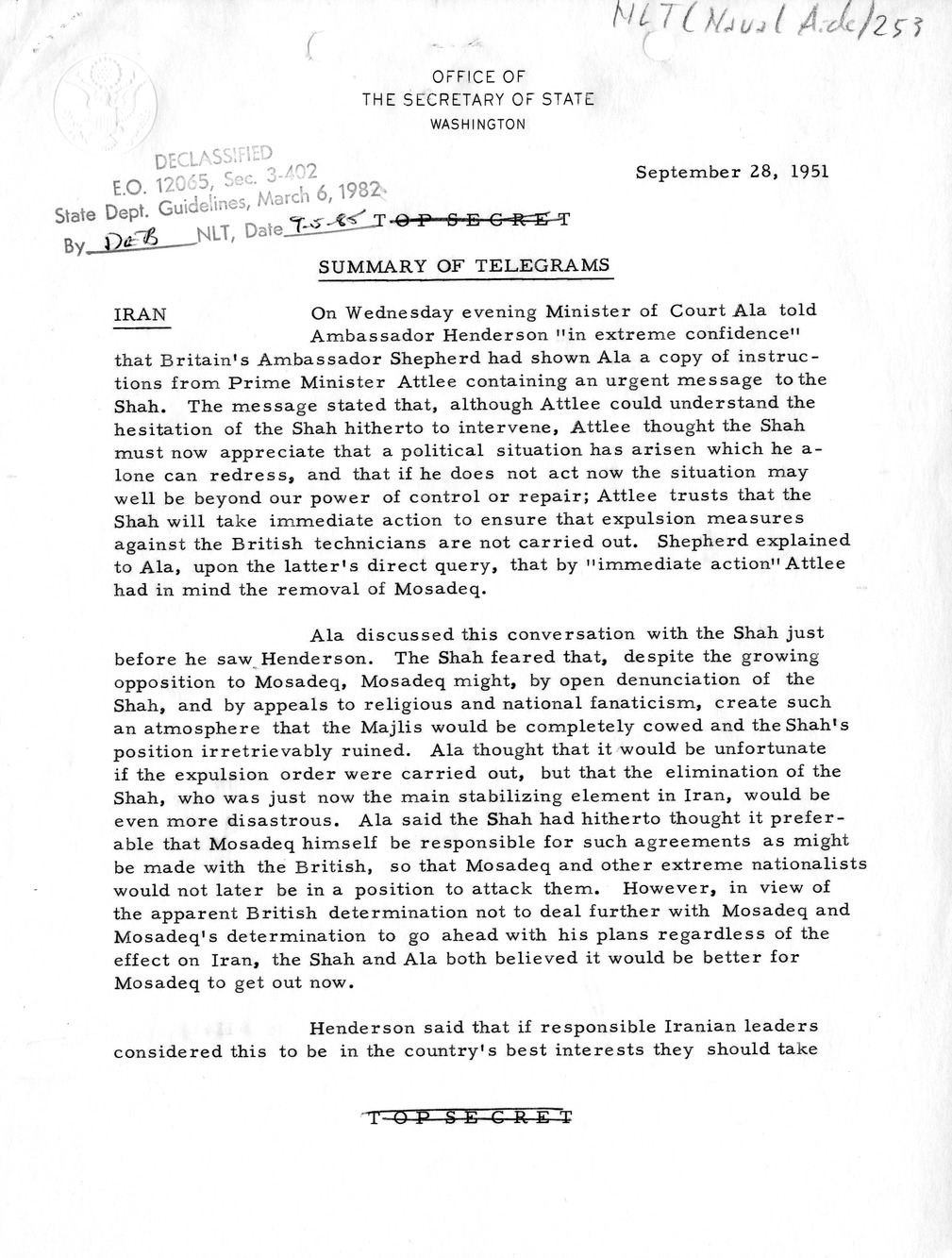 Memorandum, State Department Summary of Telegrams