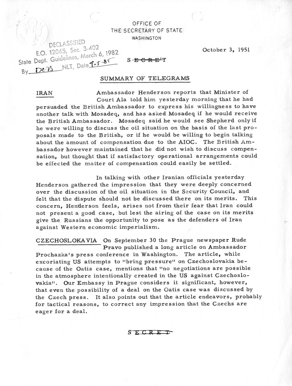 Memorandum, State Department Summary of Telegrams